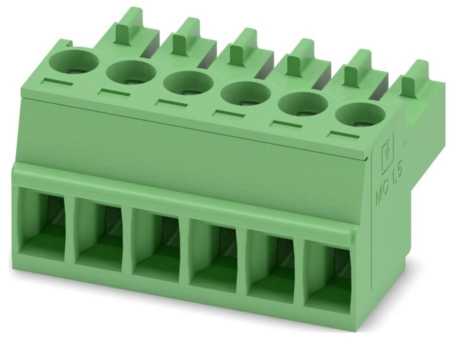 Green electrical terminal block with six slots for wire connections, featuring a compact design suitable for circuit boards.