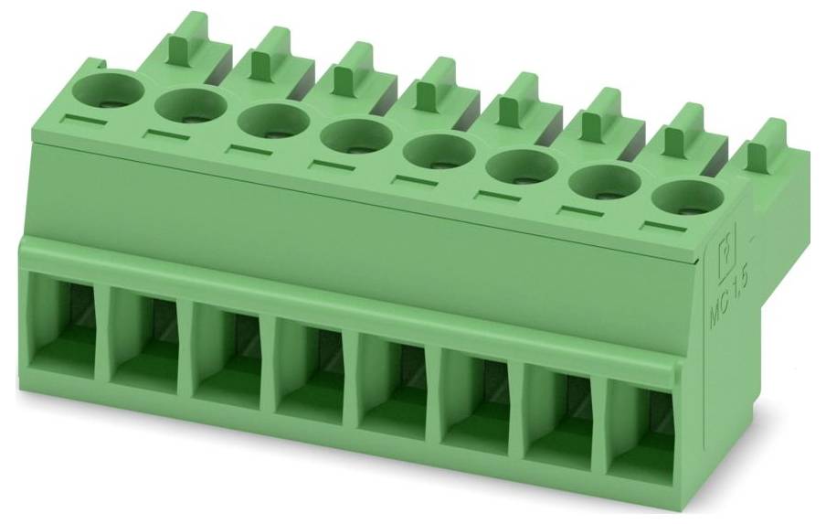 Ein grünes 10-polige Klemmleistenverbinder mit mehreren Schlitzen für elektrische Drahtverbindungen wird angezeigt.