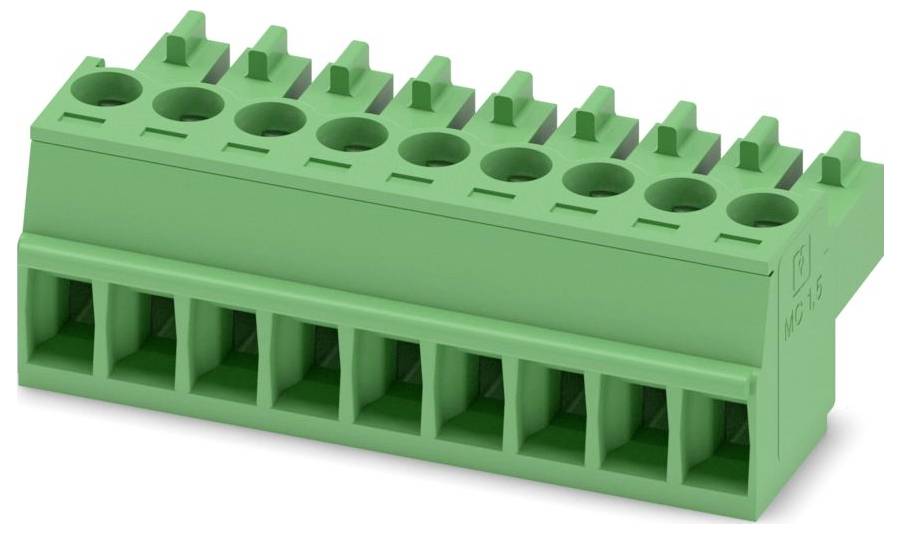 Ein grüner 20-poliger Steckerblock mit abgewinkelten Schlitzen, verwendet für elektrische Verkabelung und Verbindungen in elektronischen Geräten.