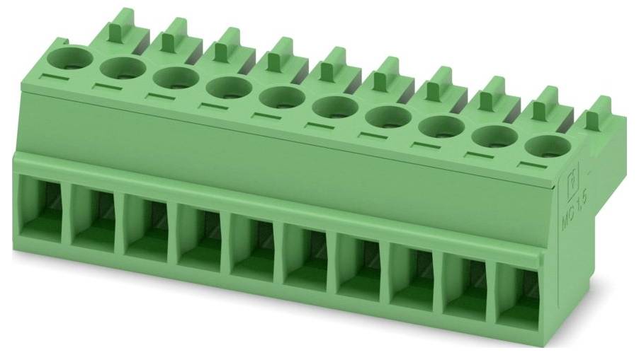 Ein grünes Klemmleistenblock mit mehreren Anschllusspunkten, verwendet zum Verdrahten in elektrischen Geräten.