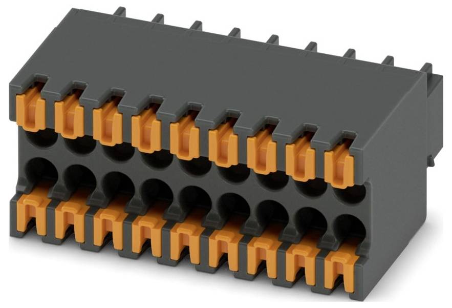 Ein grau und orange farbiges Elektroklemmenblock mit zwei Reihen von Schlitzen für die Drahteinführung, das zur Sicherung mehrerer elektrischer Verbindungen verwendet wird.