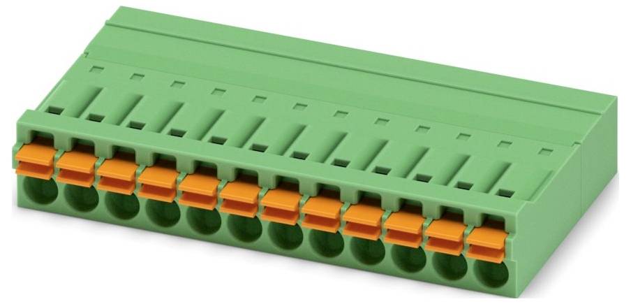 Ein grüner Klemmleistenverbinder mit mehreren orangefarbenen Spannhebeln, der zur Befestigung von Elektrokabeln in Schaltkreisen verwendet wird.