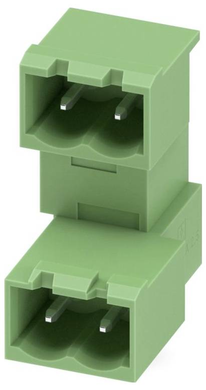 Ein grüner Kunststoff-Rechteckstecker mit zwei Metallstiften, dargestellt aus einer Schrägansicht, häufig in elektronischen Komponenten verwendet.