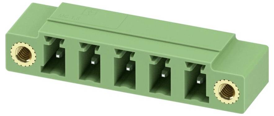 Ein grünes Fünf-Slot-Klemmleistenblock mit vergoldeten Gewindeeinsätzen an jedem Ende, verwendet für elektrische Verbindungen.