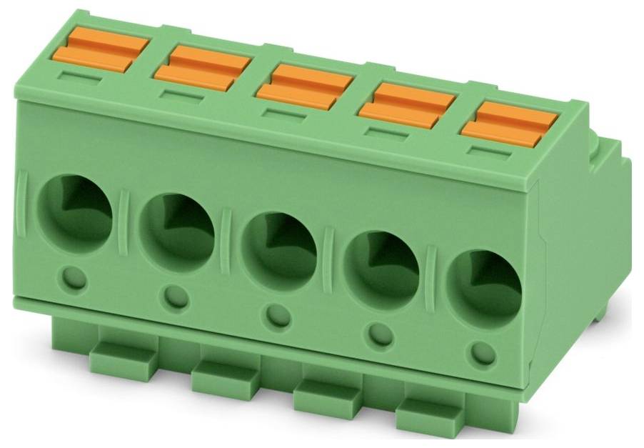 Fünf-Positions-Klemmblock mit grünem Außengehäuse und orangefarbenen Freigabetasten, entwickelt für elektrische Verbindungen.