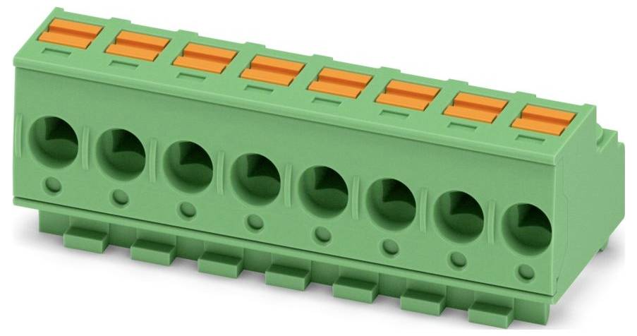 Ein grüner elektrischer Klemmblock mit acht Anschlussanschlüssen und orangefarbenen Hebeln.