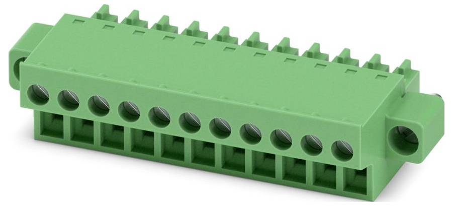 Ein grünes 12-polige Anschlussblock mit schraublosen Federkäfig-Verbindungen, das zur Verbindung von elektrischen Drähten in verschiedenen elektronischen Anwendungen verwendet wird.