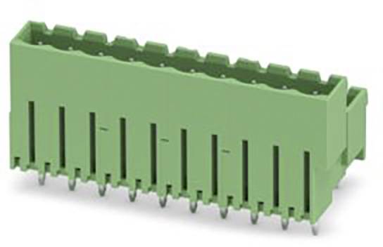 Grüne rechteckige elektrische Komponente mit mehreren Metallstiften, die für Leiterplattenkonnektionen verwendet wird.