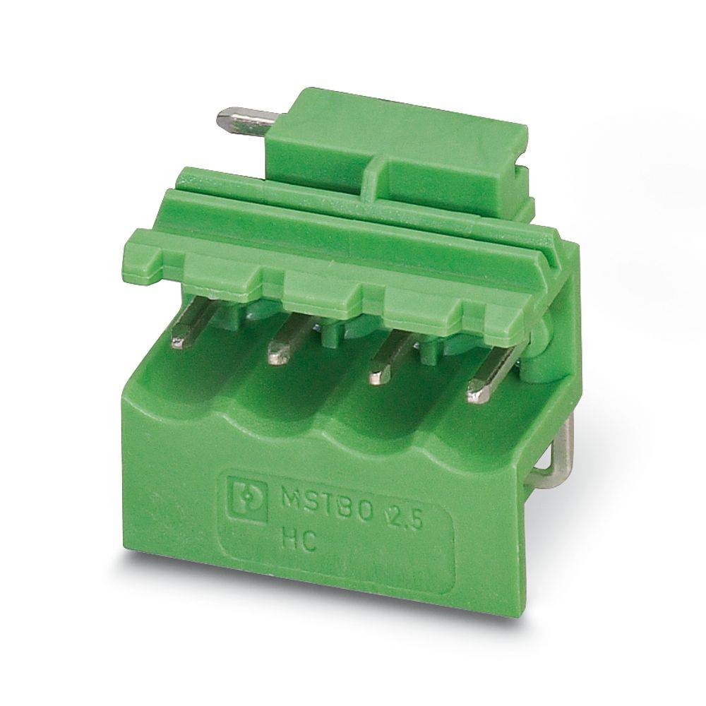 Ein grüner elektrischer Klemmblock mit vier Metallsteckerkontakten und einer oberen Verriegelung, verwendet zum Verbinden von Verkabelung in elektronischen Geräten.