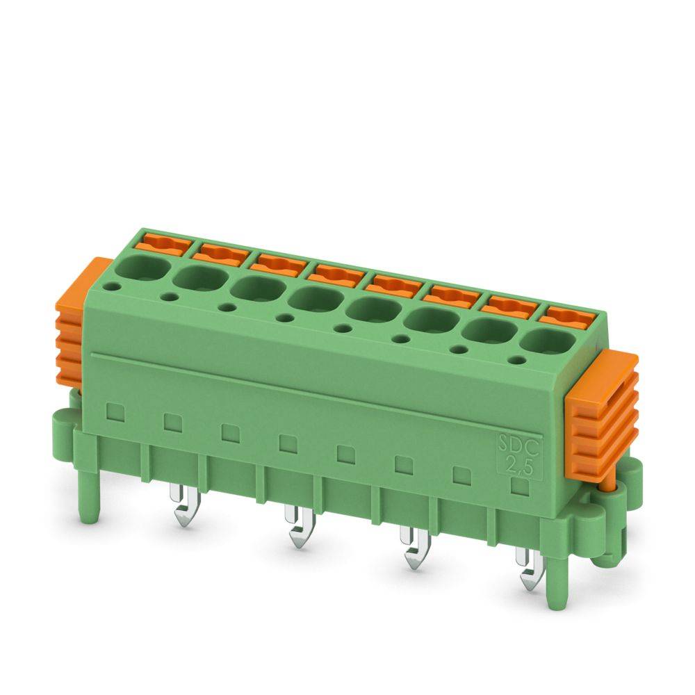 Ein grün-orangefarbiger elektrischer Stecker mit mehreren Anschlüssen und Stiften, entwickelt zur Montage auf Leiterplatten.