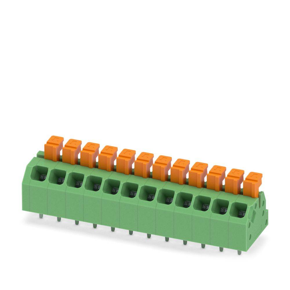 Ein grünes und orangefarbenes Elektroklemmenleistenblock mit mehreren Anschllusspunkten, der zum Befestigen und Verbinden von elektrischen Drähten verwendet wird.