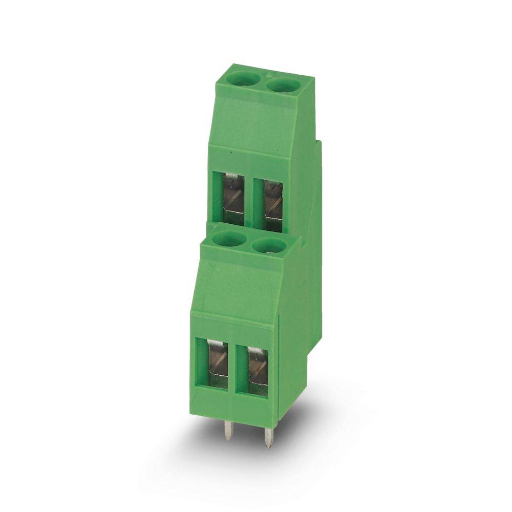 Ein grüner, modularer Klemmblock mit vier Anschllusspunkten, geeignet für elektrische Anwendungen, vertikal positioniert.