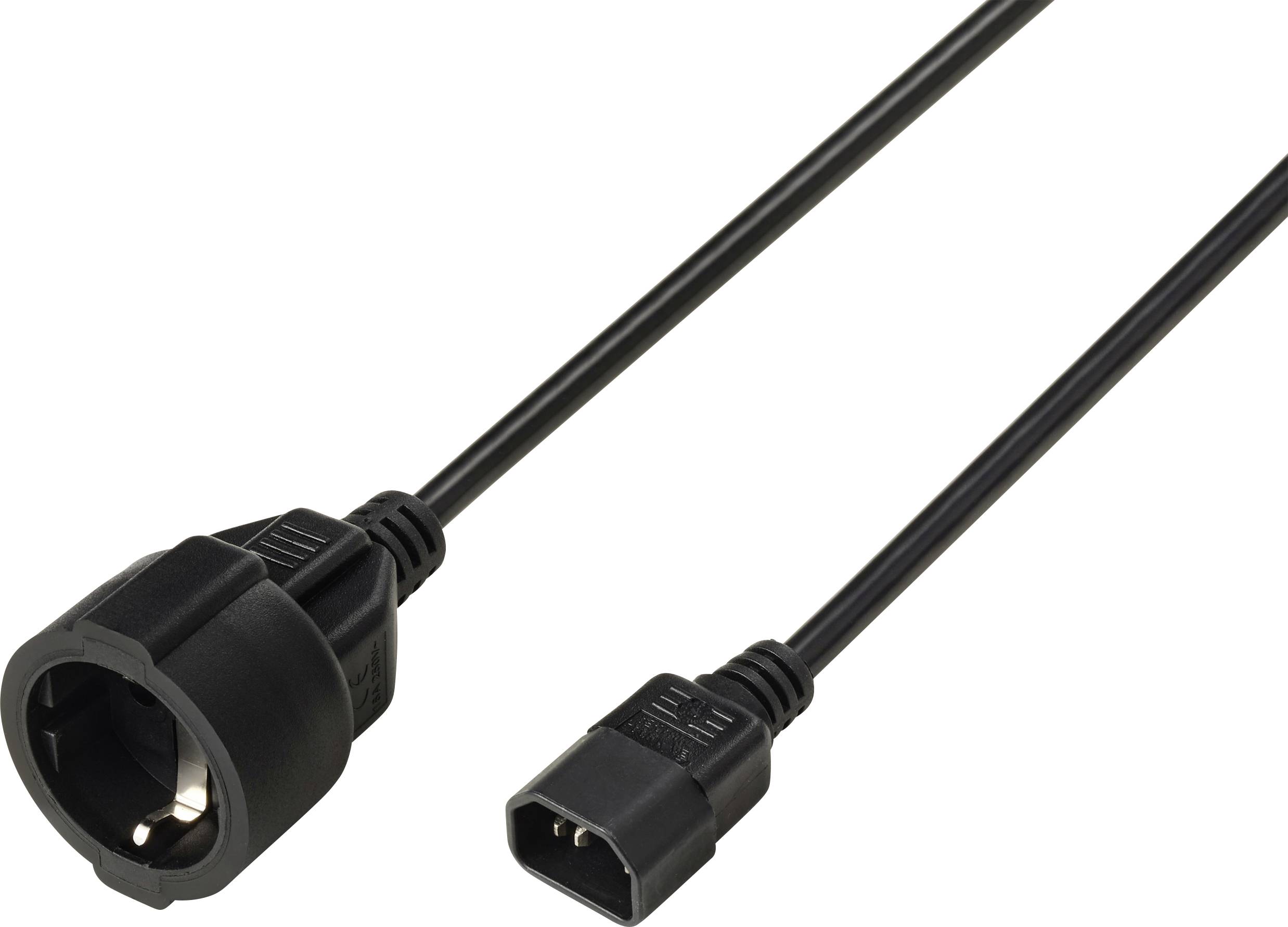 Bild eines europäischen Stromverlängerungskabels mit einer Buchse an einem Ende und einem Stecker am anderen Ende, konzipiert für elektrische Verbindungen.