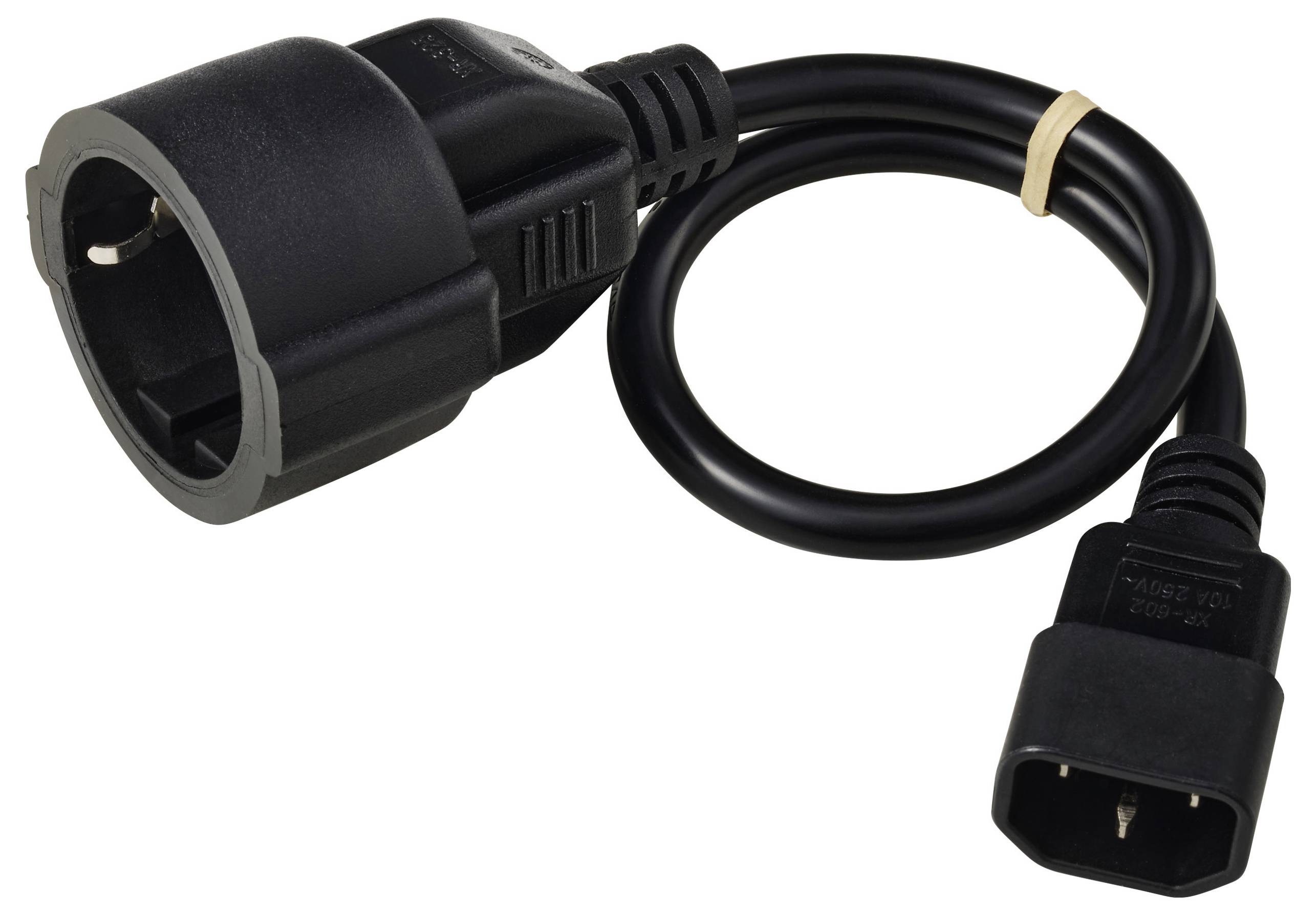 Schwarzes Stromkabel mit europäischem Stecker auf der einen Seite und IEC-Stecker auf der anderen Seite, aufgerollt und mit einem Gummiband gesichert.