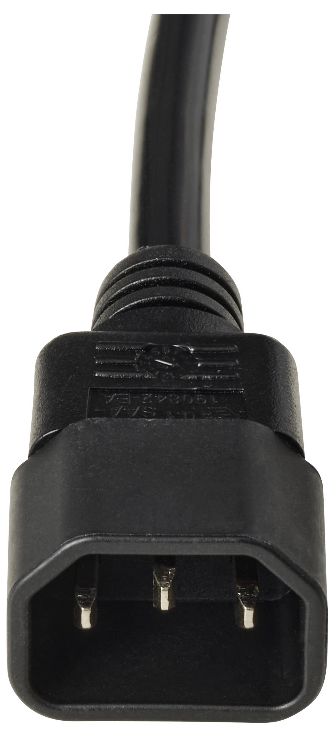 Ein schwarzes Stromkabel mit einem dreipoligen Stecker, das für elektrische Verbindungen in elektronischen Geräten verwendet wird.