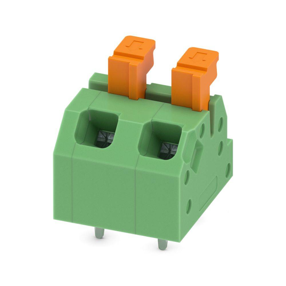 Ein grüner Klemmblockstecker mit zwei orangefarbenen Hebeln oben, konzipiert für Elektroverkabelungsanwendungen.