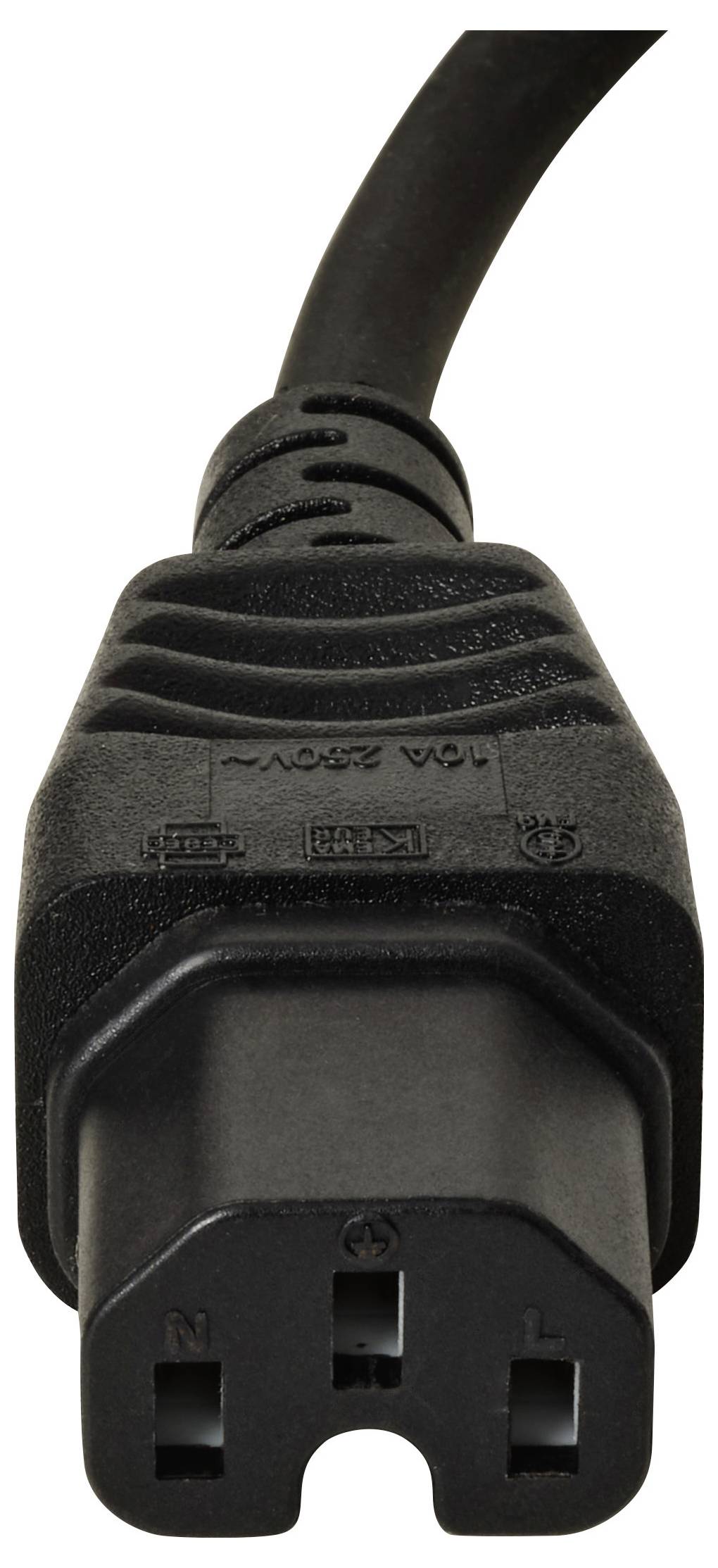 Eine Nahaufnahme eines schwarzen Stromkabels mit drei Löchern, die mit N, L und Masse bezeichnet sind und für elektrische Verbindungen ausgelegt sind.