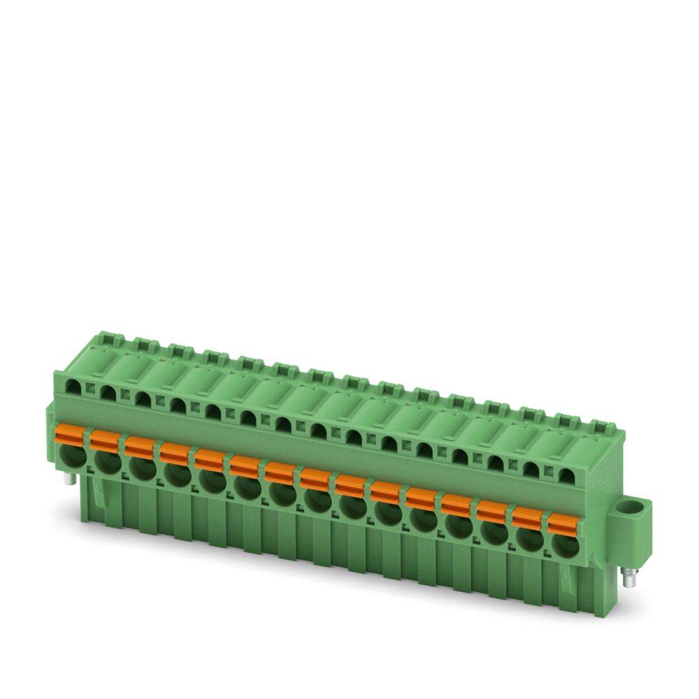 Ein grüner Elektroklemmenblock mit mehreren Anschluss­punkten, ausgestattet mit einem orangefarbenen Streifen zur sicheren Drahtplatzierung.