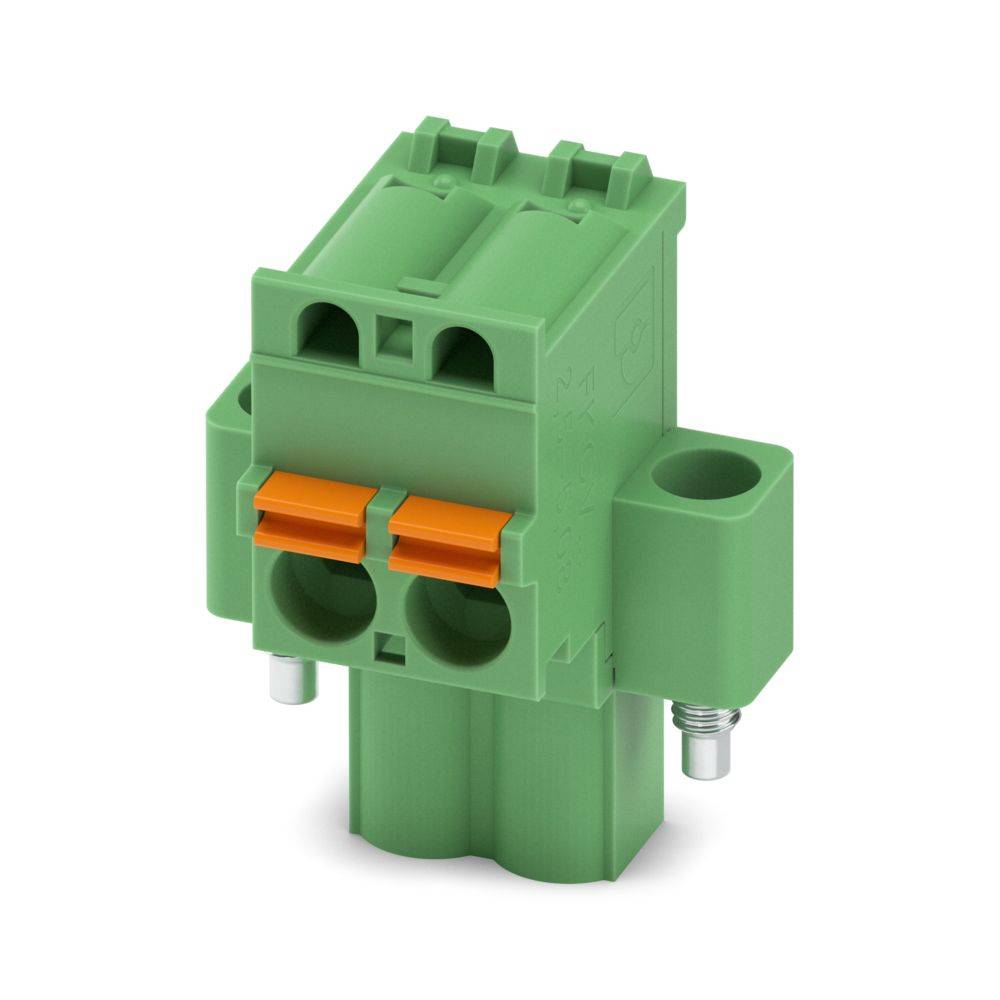 Ein grünes Steckklemmenblock mit zwei orangefarbenen Anschlüssen, entworfen für elektrische Verbindungen, aus frontaler Perspektive dargestellt.