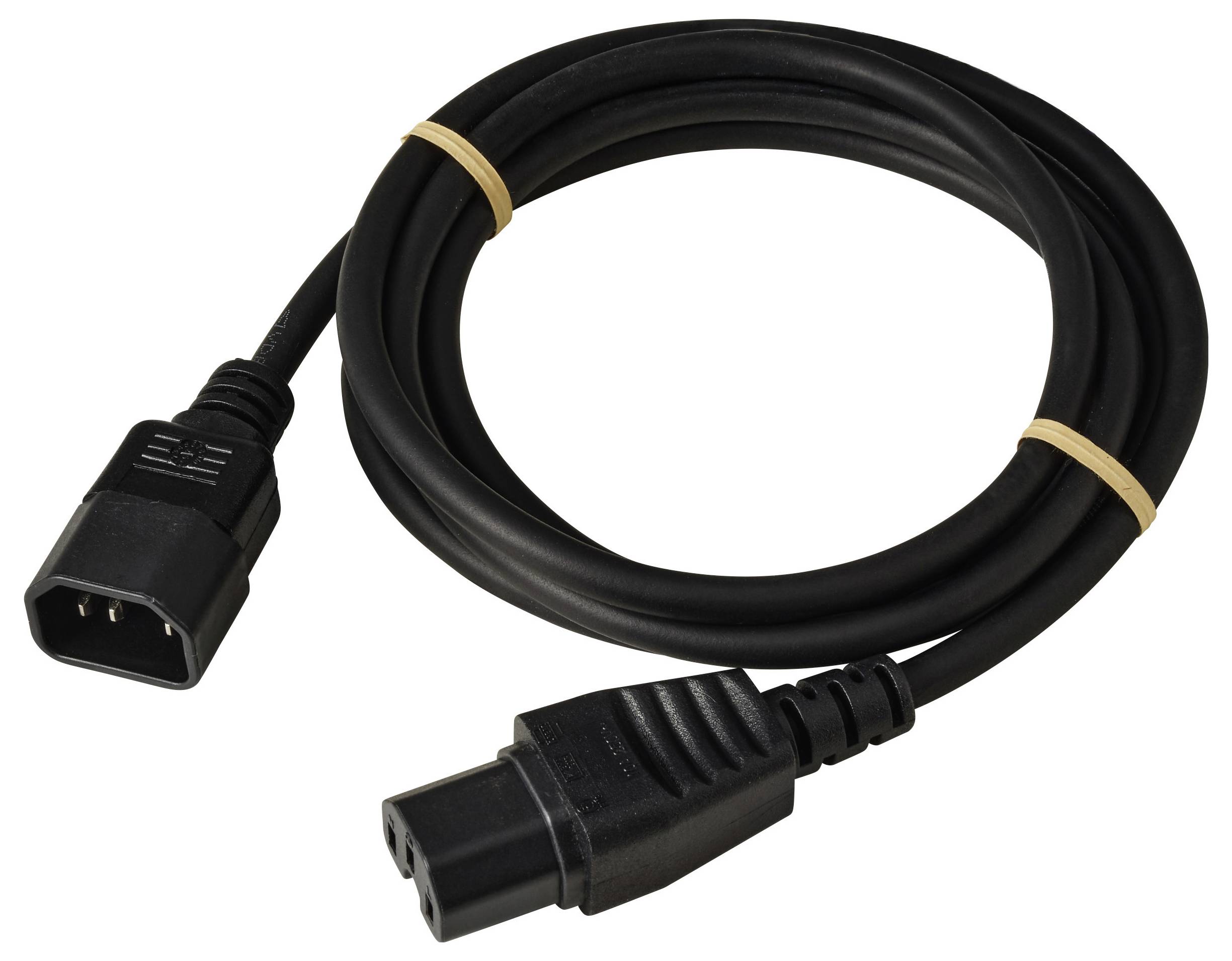 Ein schwarzes Stromkabel, das mit zwei Steckverbindern an jedem Ende aufgerollt ist und mit zwei Gummibändern gesichert wird.