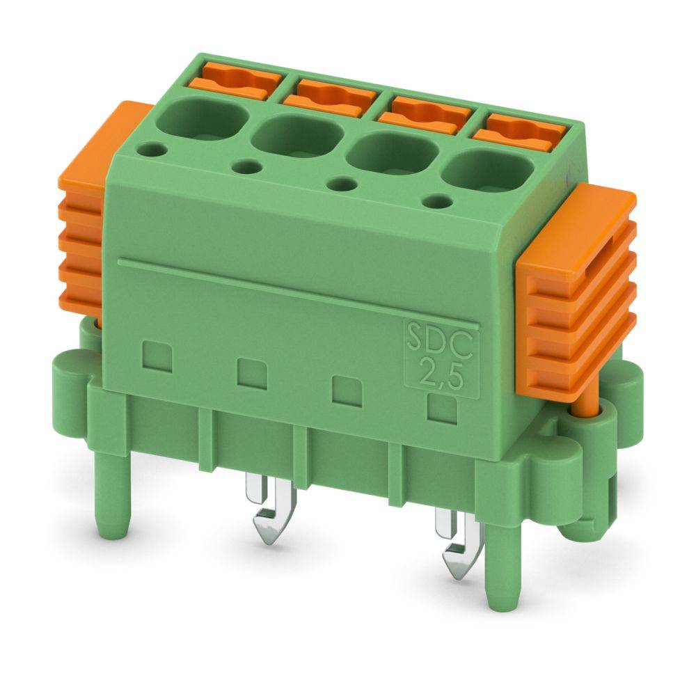 Ein grünes und orangefarbenes Elektro-Anschlussklemmblock mit fünf Anschlüssen und einer auf der Seite angebrachten Beschriftung 