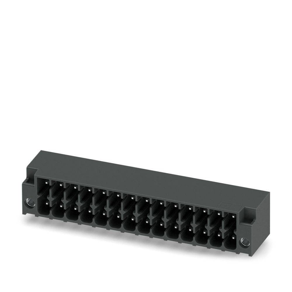 Ein schwarzer 16-poliger Steckverbinder-Block für elektrische Verdrahtung, mit Reihen von gleichmäßig beabstandeten Stiften, vor weißem Hintergrund.