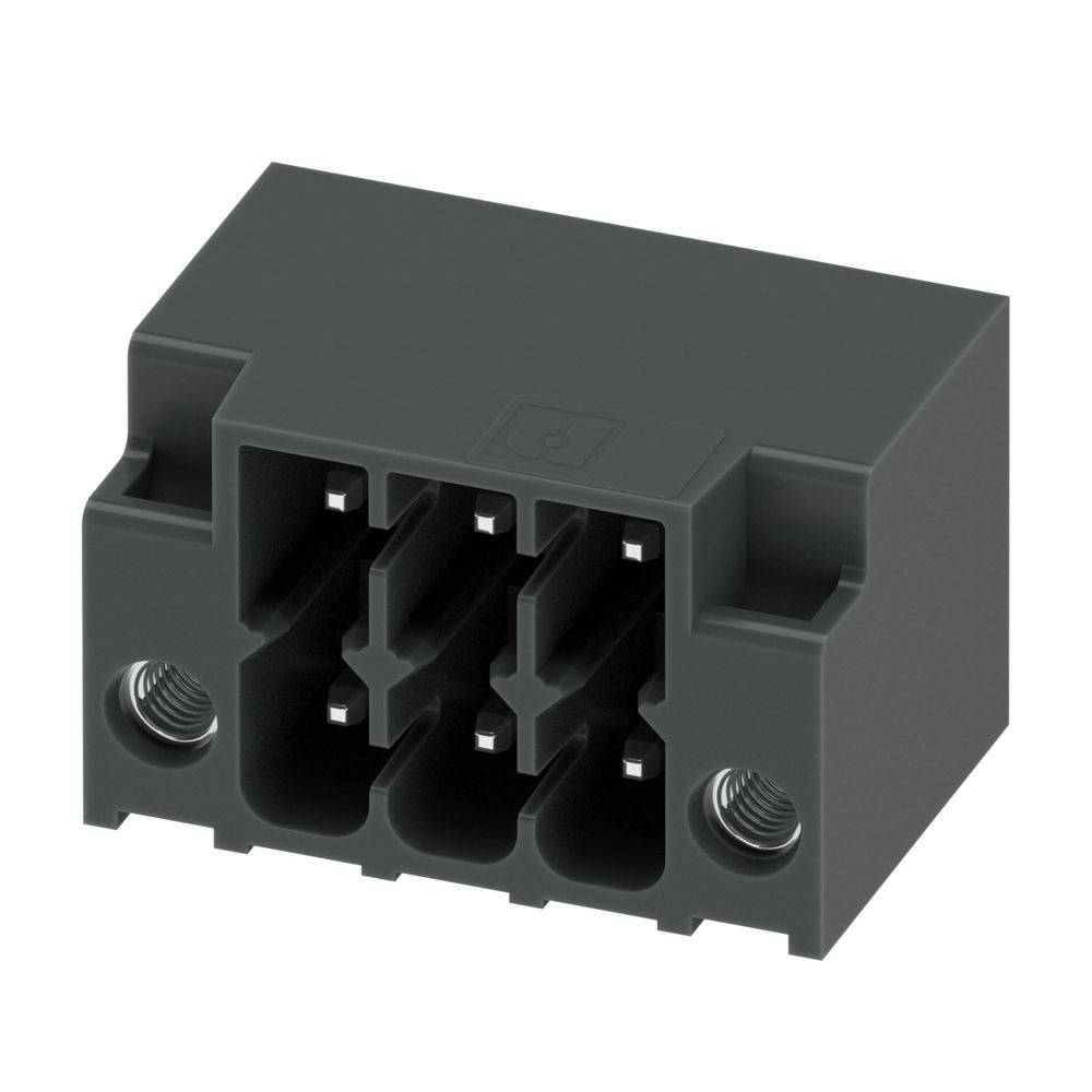 Ein schwarzer modularer Steckverbinderblock mit sechs Anschlüssen und zwei Befestigungsschraubenlöchern, verwendet für Elektroinstallationen.