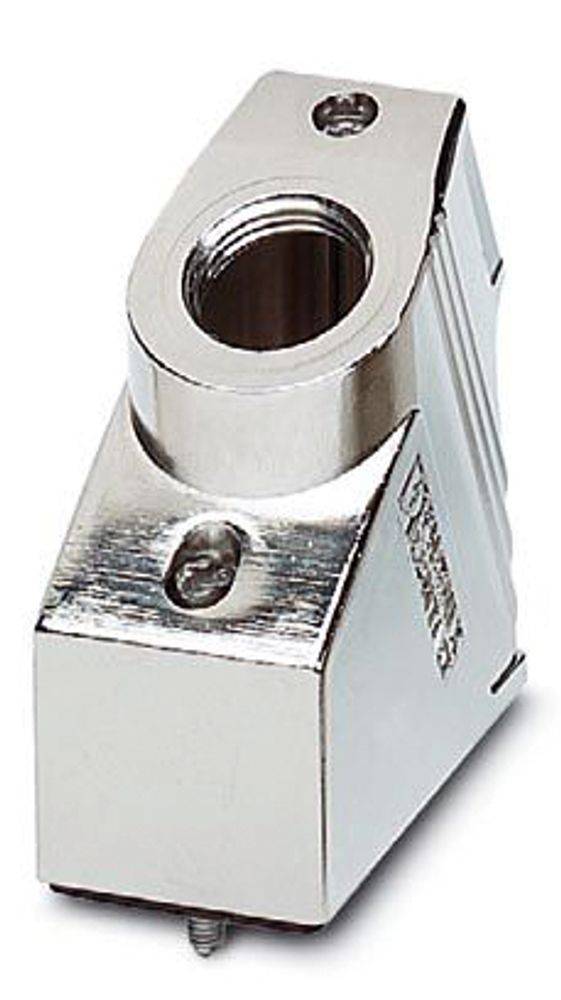Ein silberner L-förmiger Metallklemmleisten-Stecker mit Gewindebohrung und zwei Schrauben zur sicheren Befestigung.