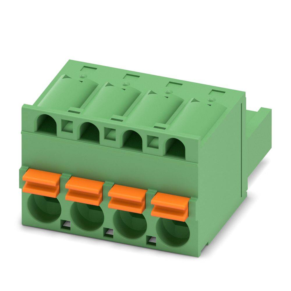 Ein grüner elektrischer Steckerblock mit orangefarbenen Druckknopfklemmen, verwendet für sichere Verdrahtungsverbindungen in elektronischen Anwendungen.
