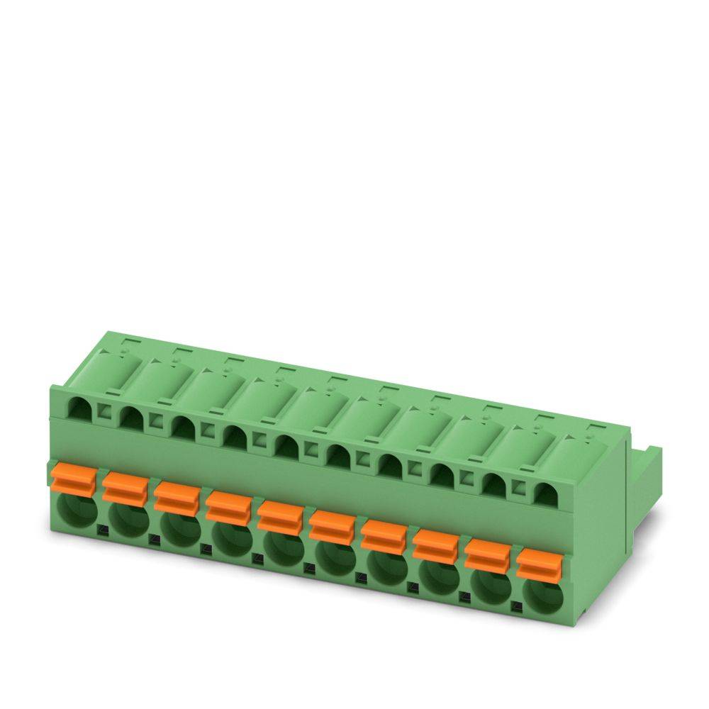 Grüner Klemmblock mit orangen Hebeln für elektrische Verbindungen, mit mehreren Anschlüssen zum Verdrahten.