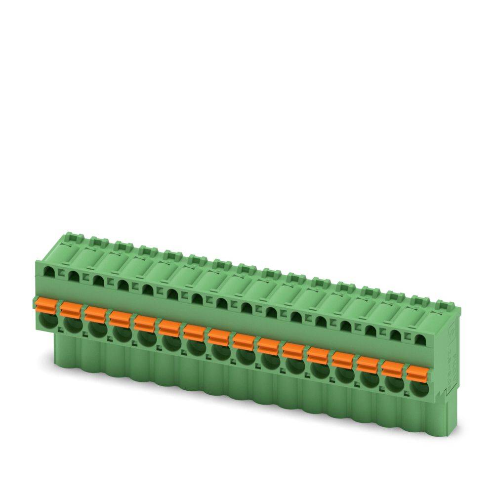 Grün-oranges Klemmleistensystem für elektrische Verbindungen mit mehreren Anschllusspunkten für Drähte.