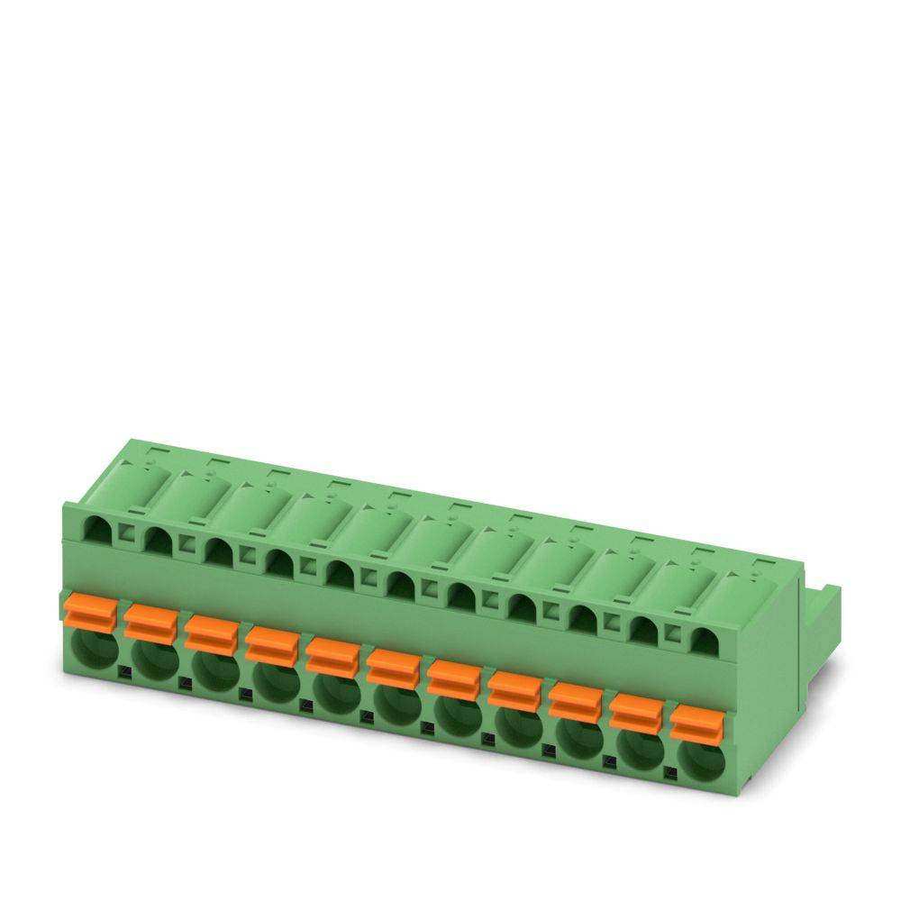 Ein grüner Klemmblock mit mehreren Anschllusspunkten, von denen jeder orange Freigabehebel aufweist, wird für Elektroinstallationsanwendungen verwendet.