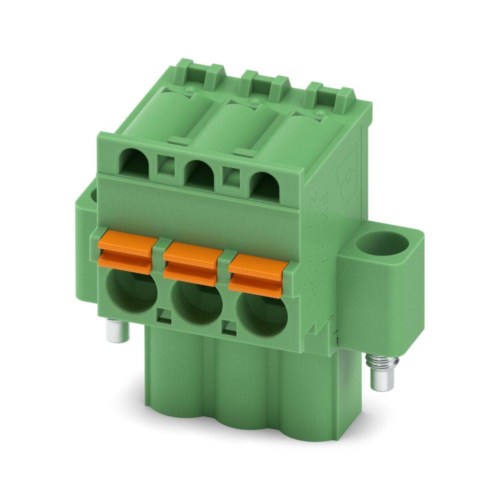 Ein grün und orange farbener elektrischer Stecker mit mehreren Kontaktpunkten, entwickelt für sichere elektrische Verbindungen in verschiedenen Geräten.