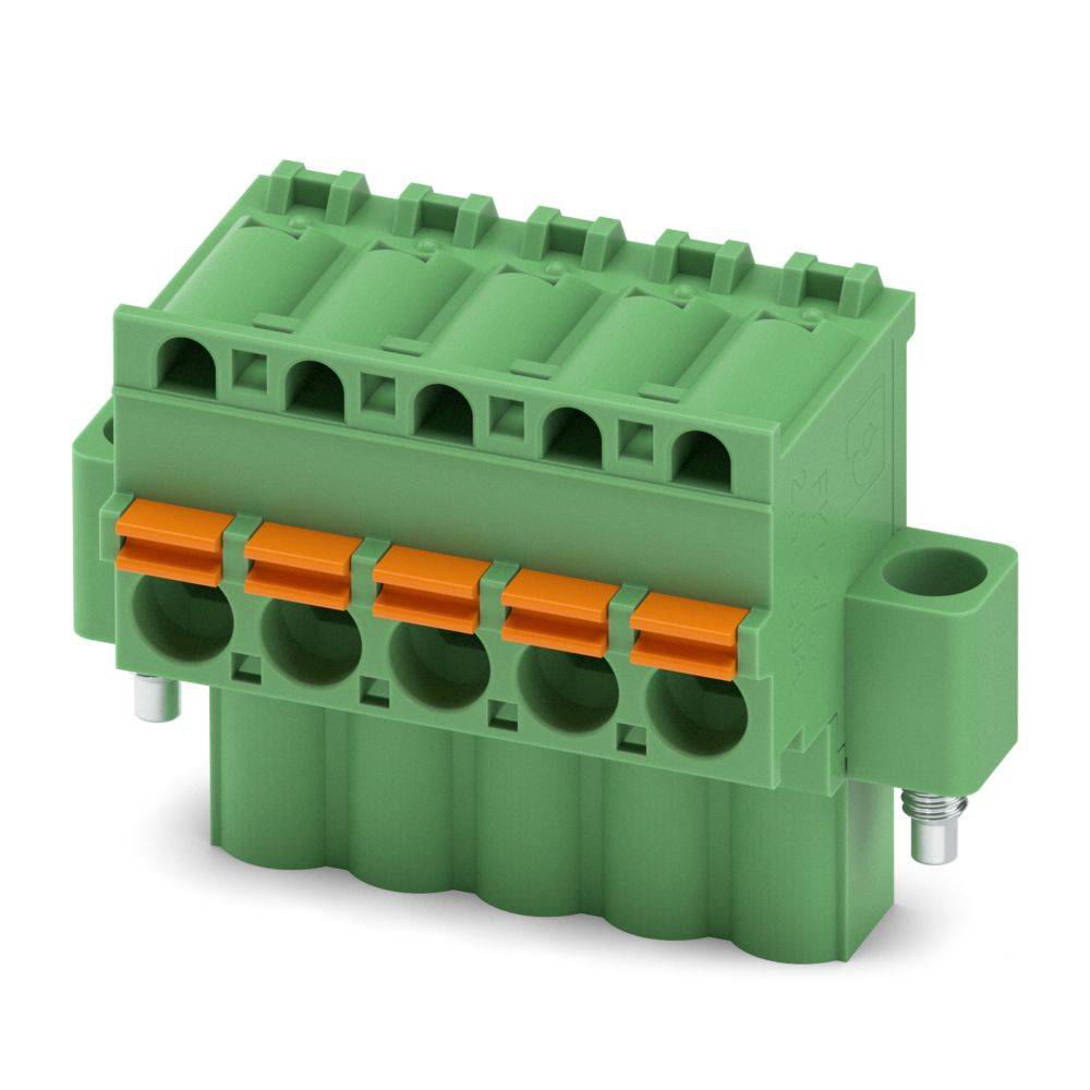 Ein grünes elektrisches Klemmblock mit fünf Anschlüssen und orangefarbenen Hebeln, das zum Befestigen und Organisieren von Drähten in elektrischen Systemen verwendet wird.