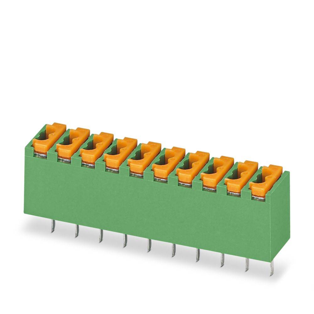 Ein grün-oranges elektrisches Klemmleistenblock mit zehn Anschlüssen, das zum Sichern und Verbinden von elektrischen Drähten in elektronischen Geräten verwendet wird.