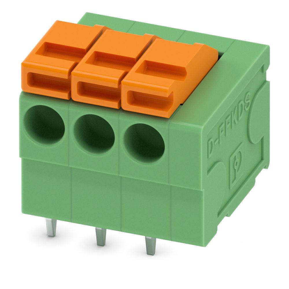 Ein grüner elektrischer Klemmenblock mit drei orangefarbenen Drucksteckklemmen zum Verbinden von Drähten in elektronischen Schaltkreisen.