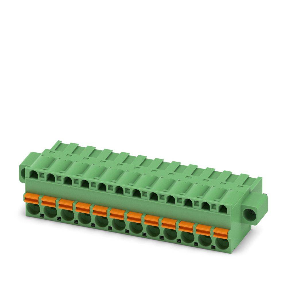 Ein grüner Klemmblock mit mehreren Anschlussanschlüssen und orangefarbenen Hebeln, der für Elektroverkabelungsanwendungen verwendet wird.