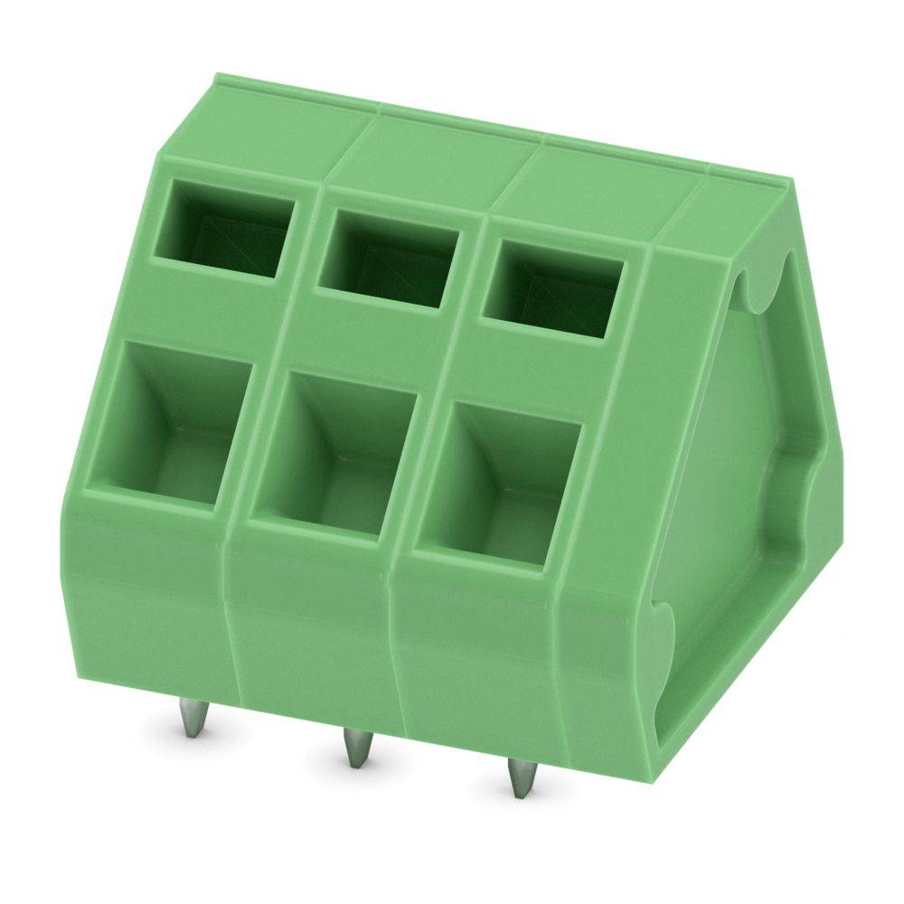 Grünes gewinkeltes Anschlussklemmenblock mit drei Steckplätzen und Metallstiften für elektrische Verbindungen. Geeignet für die Montage auf Leiterplatten.