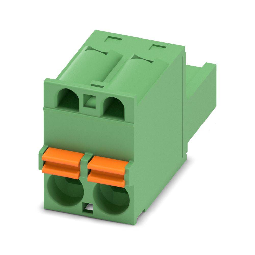 Ein grüner Zwei-Port-Steckverbinder mit orangefarbenen Hebeln.