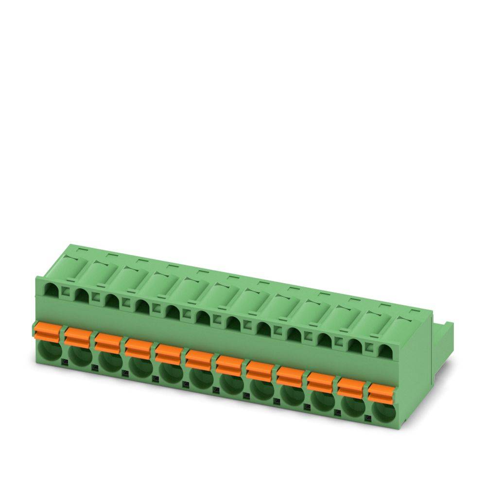 Ein grün und orange farbenes Klemmleistenverbindungselement mit mehreren Anschlußpunkten, das zum Verbinden von elektrischen Drähten in Schaltkreisen verwendet wird.
