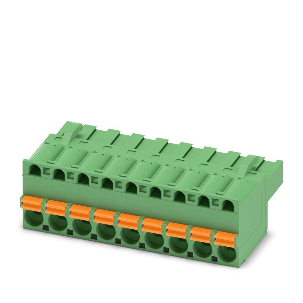 Ein grüner elektronischer Anschlussblock mit mehreren Anschlüssen, ausgestattet mit orangefarbenen Kontaktpunkten, verwendet für elektrische oder Datenverbindungen.