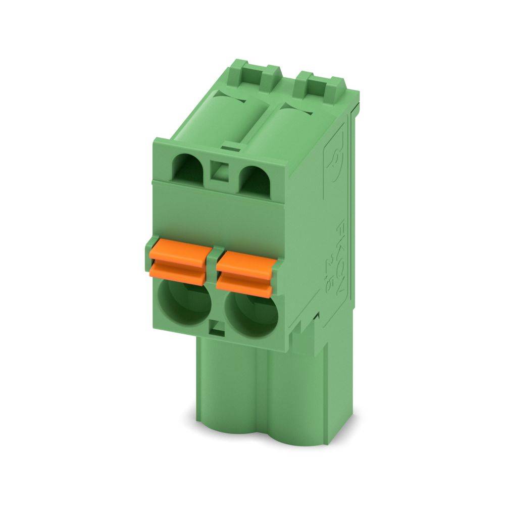 Ein grüner zweipoliger Steckverbinderblock mit zwei orangefarbenen Druckhebeln, verwendet für Verdrahtung oder elektrische Verbindungen.