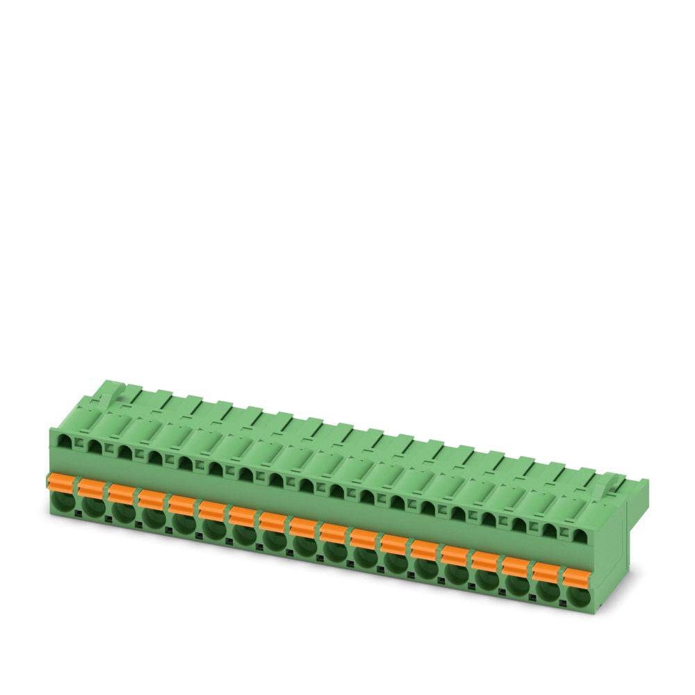 Ein grüner modularer Klemmblock mit orangefarbenen Verriegelungshebeln, der zum Verkabeln und für elektrische Verbindungen verwendet wird, ist vor einem weißen Hintergrund dargestellt.