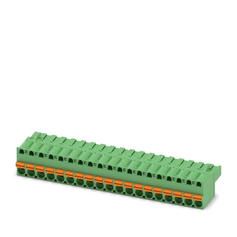Ein grünes Klemmleistengehäuse mit mehreren horizontalen Anschlusskonten, die auf einer Basis montiert sind und typischerweise für elektrische Verdrahtungsanwendungen verwendet werden.