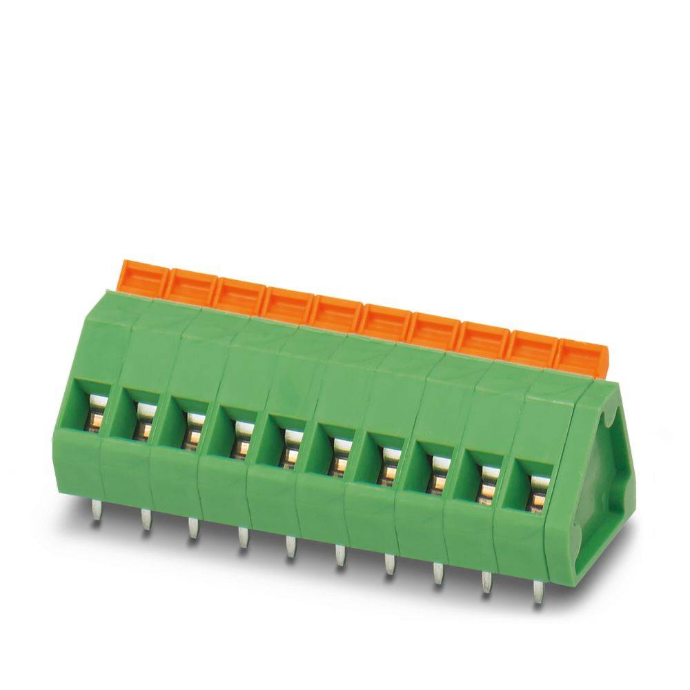 Ein grüner elektronischer Stecker mit mehreren Stiften, mit einer orangefarbenen Verriegelung oben, der zum sicheren Befestigen von Stromkabeln verwendet wird.