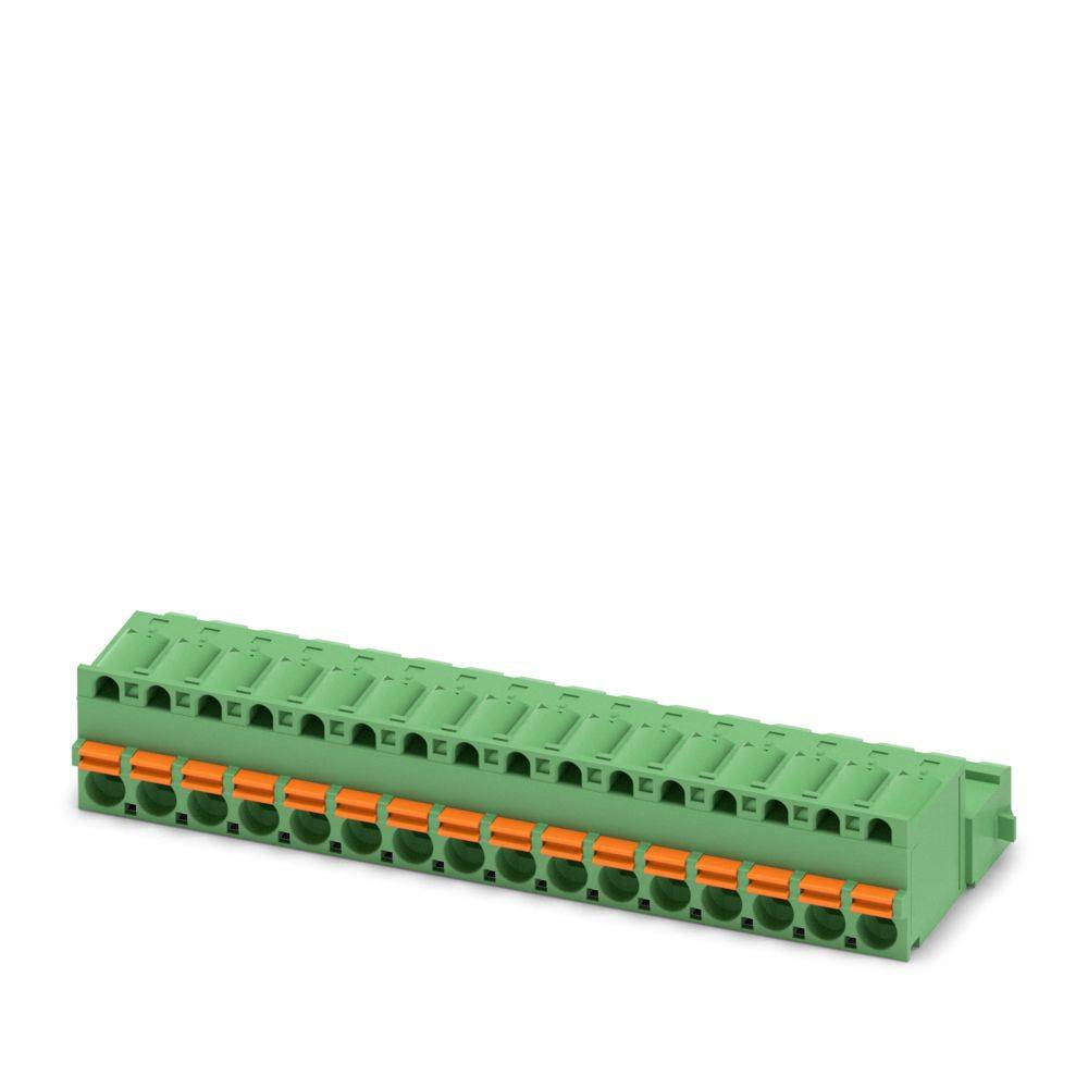 Grünes Industrialklemmenleisten-Terminal mit zwei Reihen von Anschlüssen, ausgestattet mit orangefarbenen Klemmhebeln zur Drahtverbindung. Geeignet für elektrische Anwendungen.