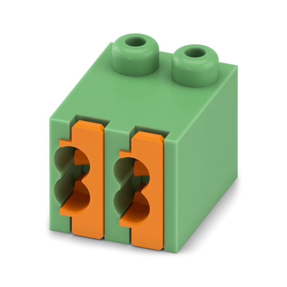Ein grüner und oranger modularer Klemmblock mit zwei Anschlüssen für elektrische Leitungen.
