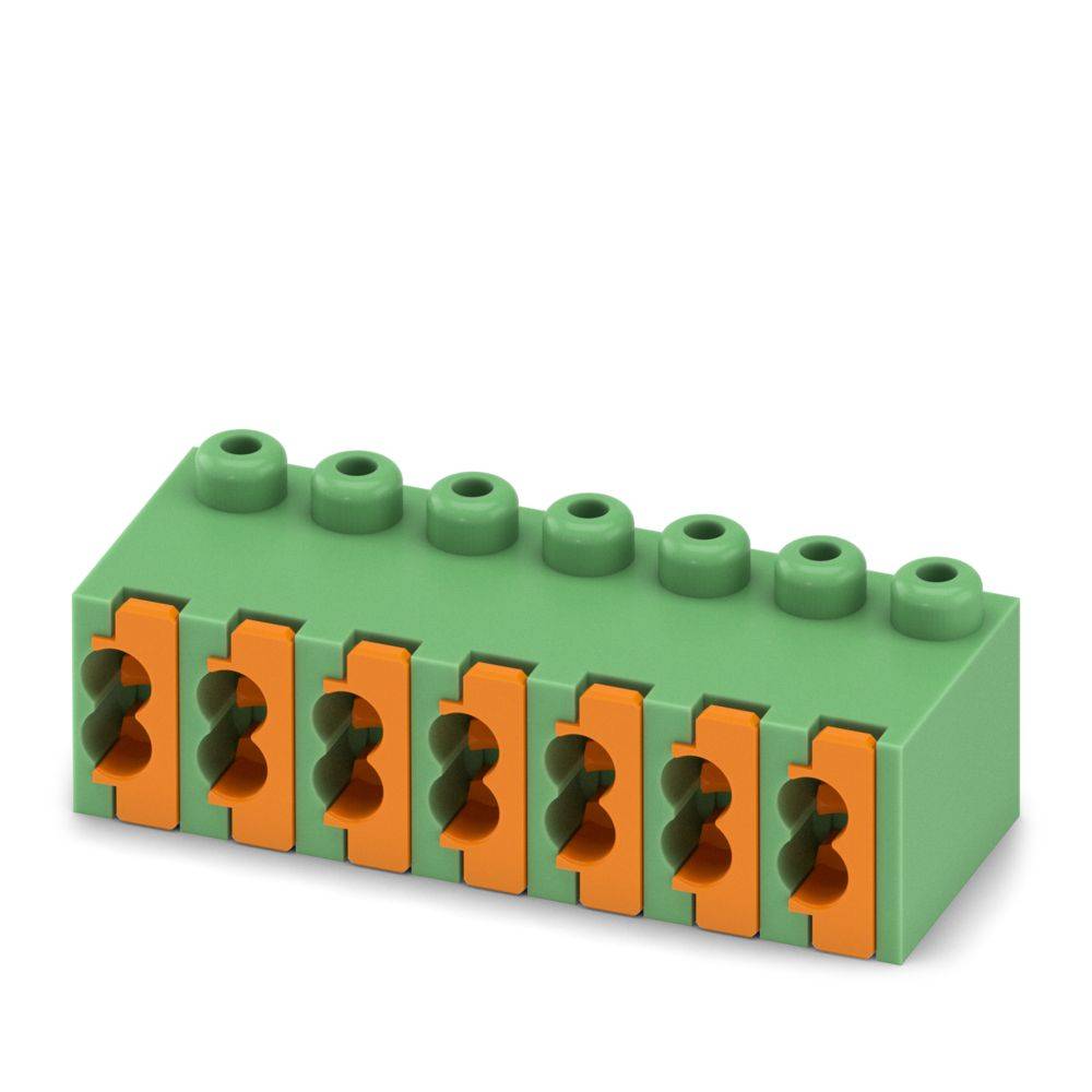 Ein grün-orangefarbiger Elektroklemmenblock mit sechs Anschlüssen, der für Verkabelungssysteme verwendet wird und deutlich erkennbare Schlitze für die Drahteinführung aufweist.