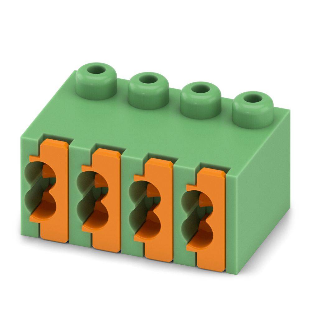 Grün-orangener Elektrostecker-Block mit vier Anschlussplätzen für Verdrahtungsverbindungen.