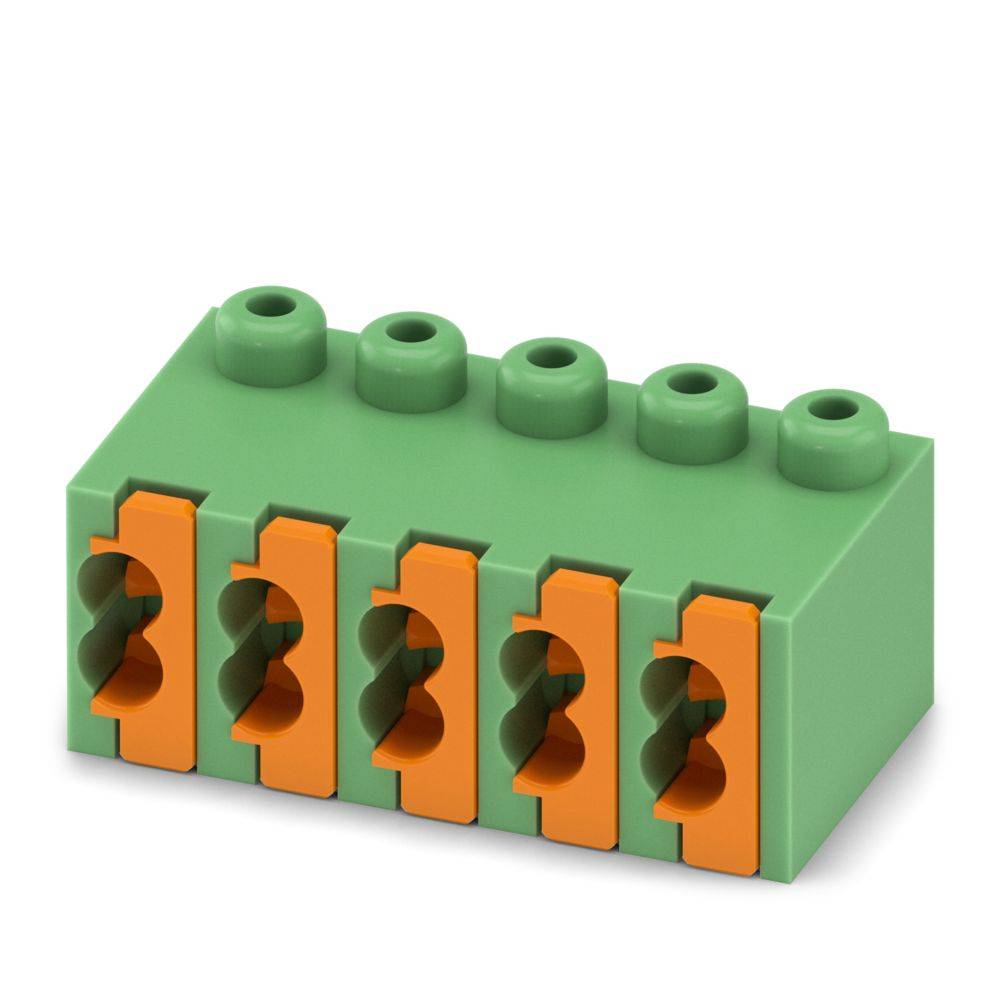 Grüner und orangefarbener Block mit fünf Verbindungspunkten, der einem elektrischen Klemmenblock zum Verdrahten ähnelt.